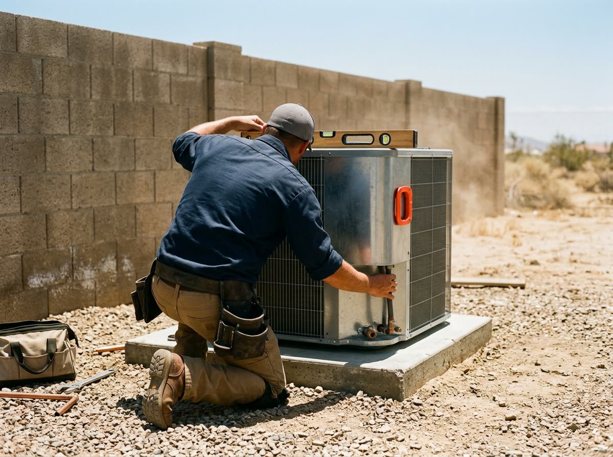 A technician kneels with a level on a condenser cabinet, seen from behind in bright sun.