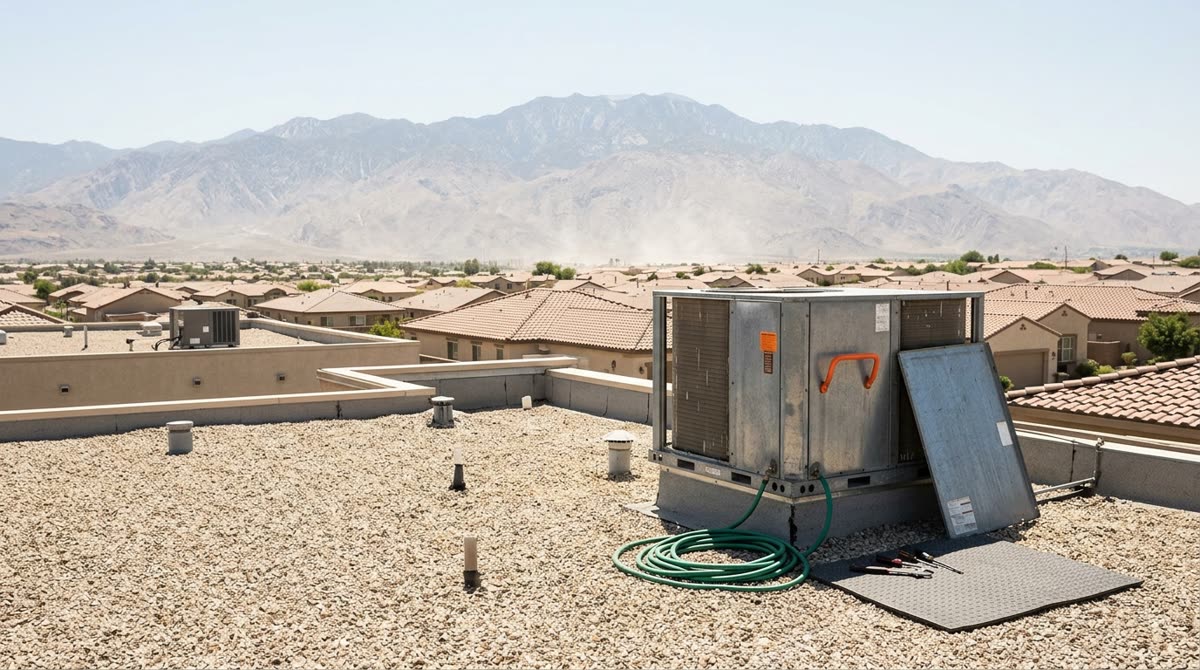 A rooftop package unit with an access panel removed, a coiled hose and hazy skyline behind.
