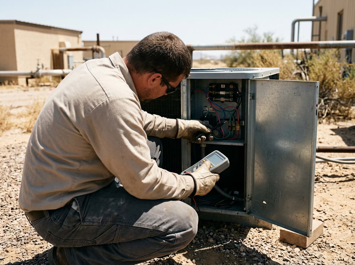Seen over the shoulder, a technician clips meter leads to wiring inside an open service panel.