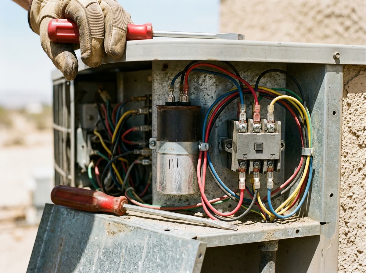 A capacitor, contactor and coloured wires inside an open electrical compartment with a screwdriver.