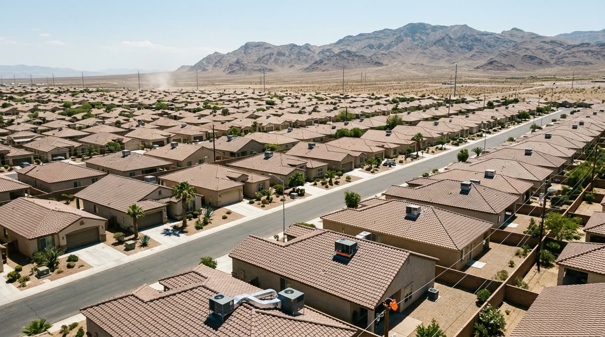 An elevated view of a desert suburb with rooftop cooling units and mountains in the haze.