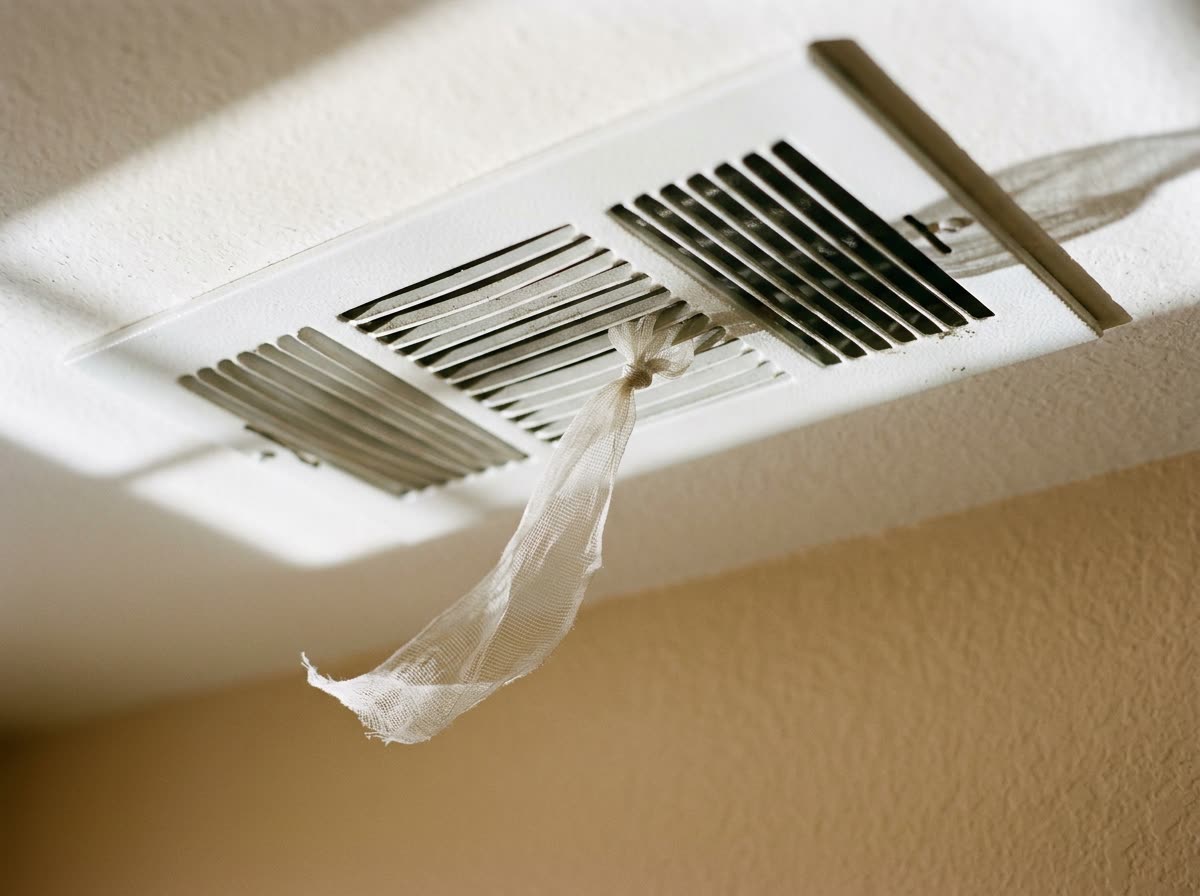 A light ribbon lifts in the airflow below a ceiling supply register, shown in close focus.