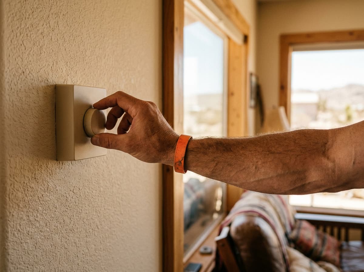 A hand and forearm adjust a blank-faced wall thermostat in a sunlit living room.