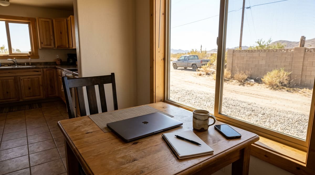 A sunlit kitchen table with a closed laptop, blank notepad, pen, coffee mug and phone.