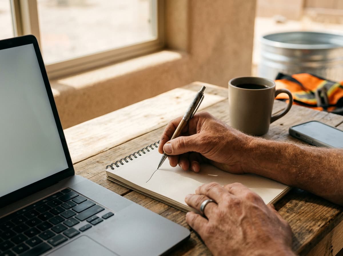 Hands rest on a blank notepad with a pen beside a laptop screen showing only a soft glow.