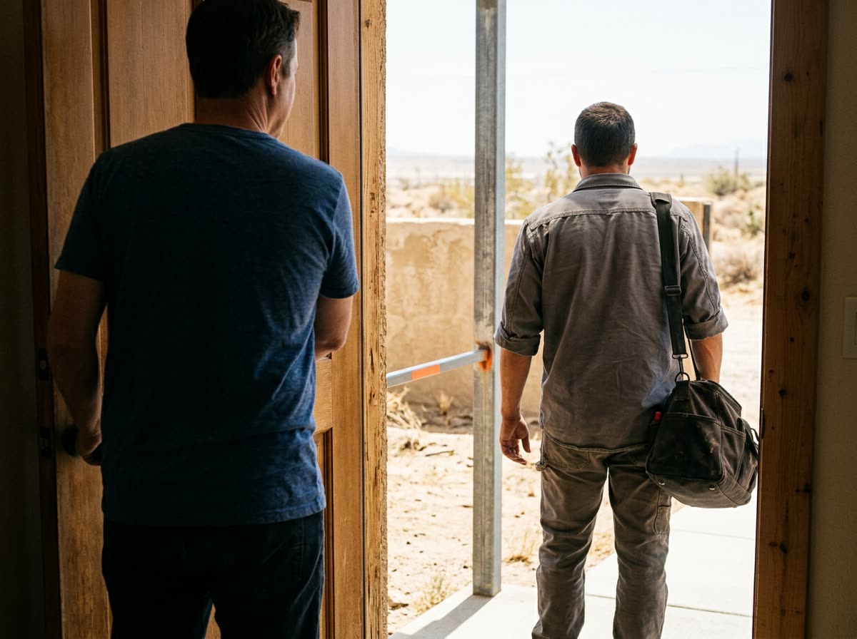 A homeowner seen from behind opens a front door to a worker carrying a tool bag.