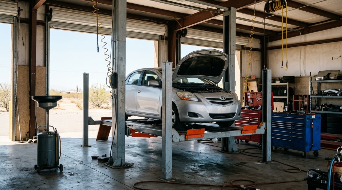 An auto repair bay with a car raised on a lift, bonnet open, tool chests and daylight beyond.