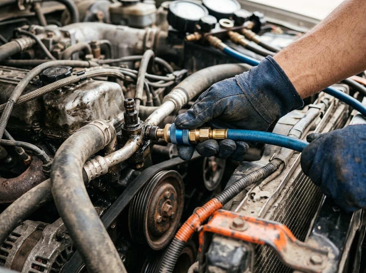 Gloved hands attach a service coupler with a blue hose to a port in a grimy engine bay.