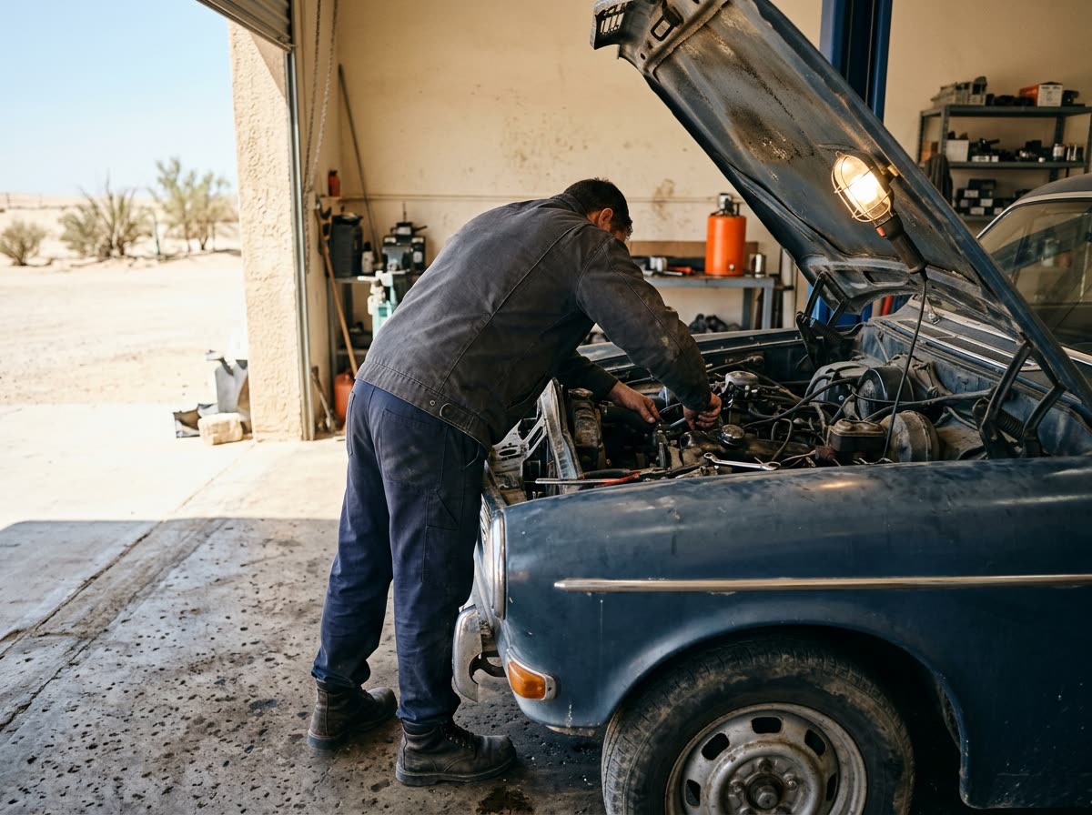 A mechanic leans over a wing into an engine bay, seen from behind at waist height.