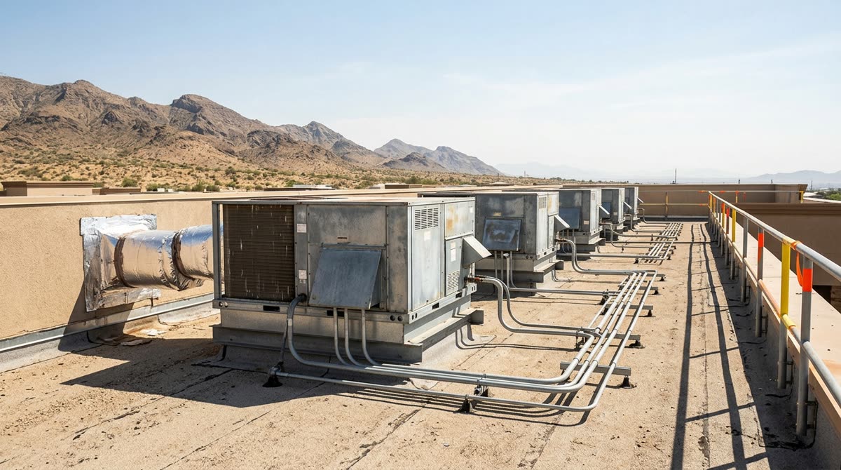 A flat commercial rooftop lined with large packaged units, ducts, curbs and guardrails.