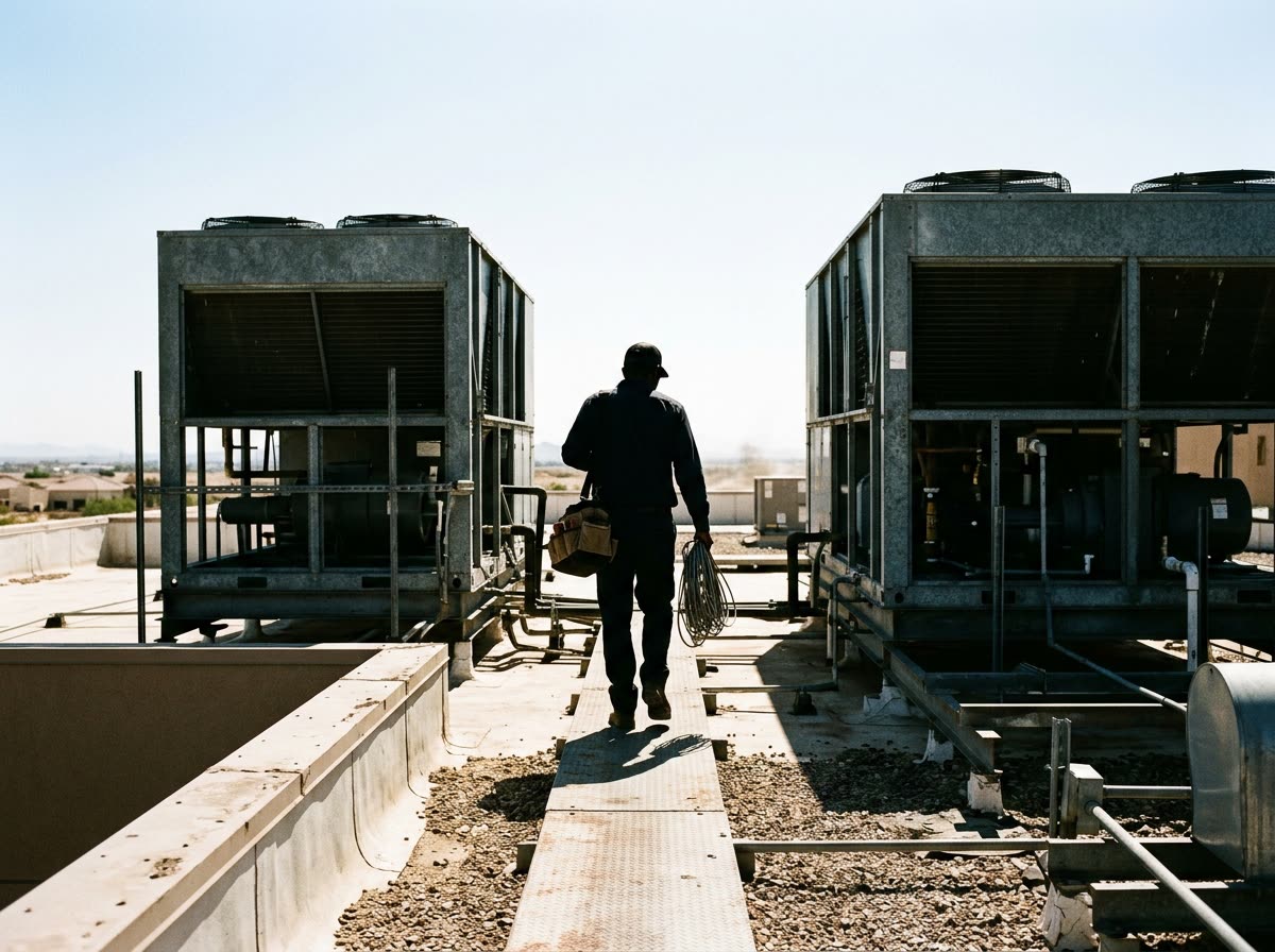 A technician walks between rooftop units carrying a tool bag, silhouetted against bright sky.