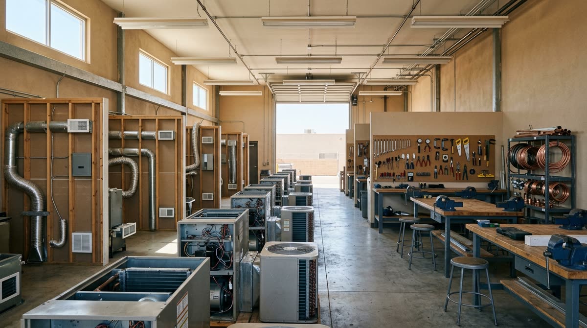 A trade training lab with rows of cutaway heating and cooling units, benches and stools.