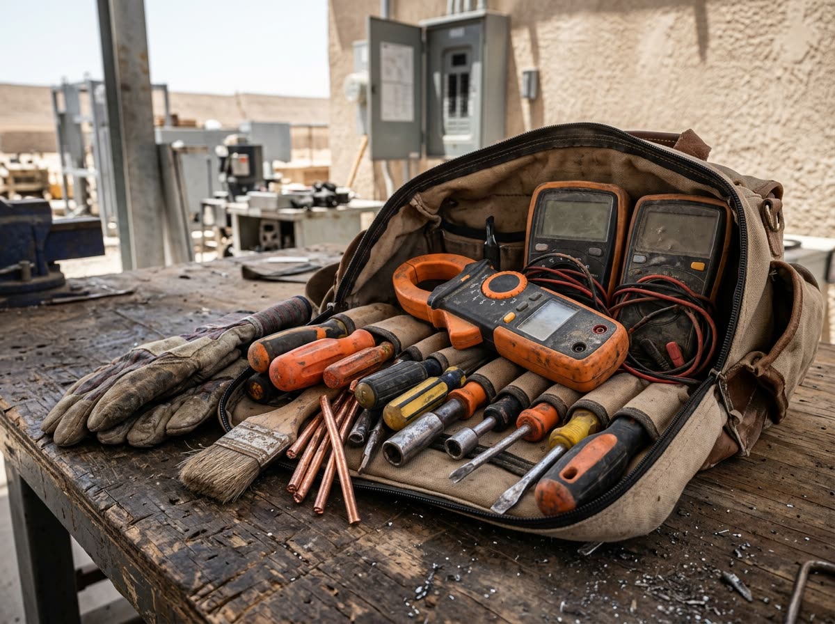 An open tool bag on a bench holding blank-faced meters, gloves, hand tools and copper stubs.