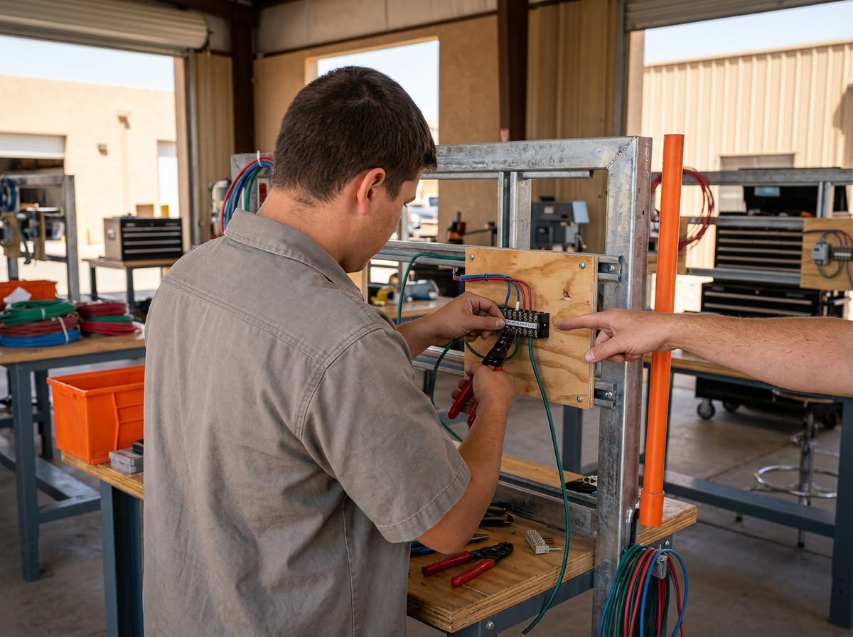 An apprentice wires a training rig while another person's hand points at a component.